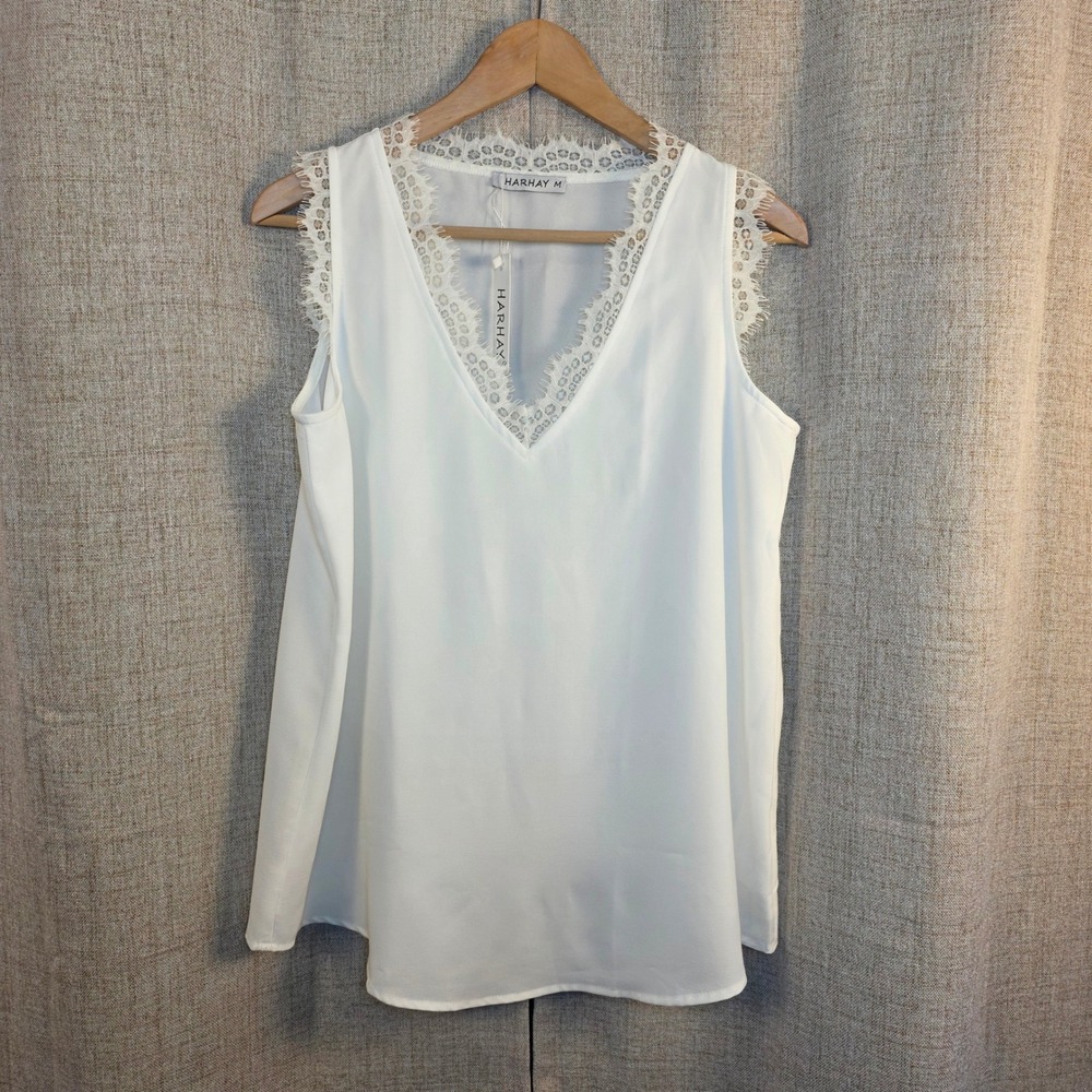 HARHAY White Lace Trim V-Neck Sleeveless Blouse Women's M Tank Top Front Lined